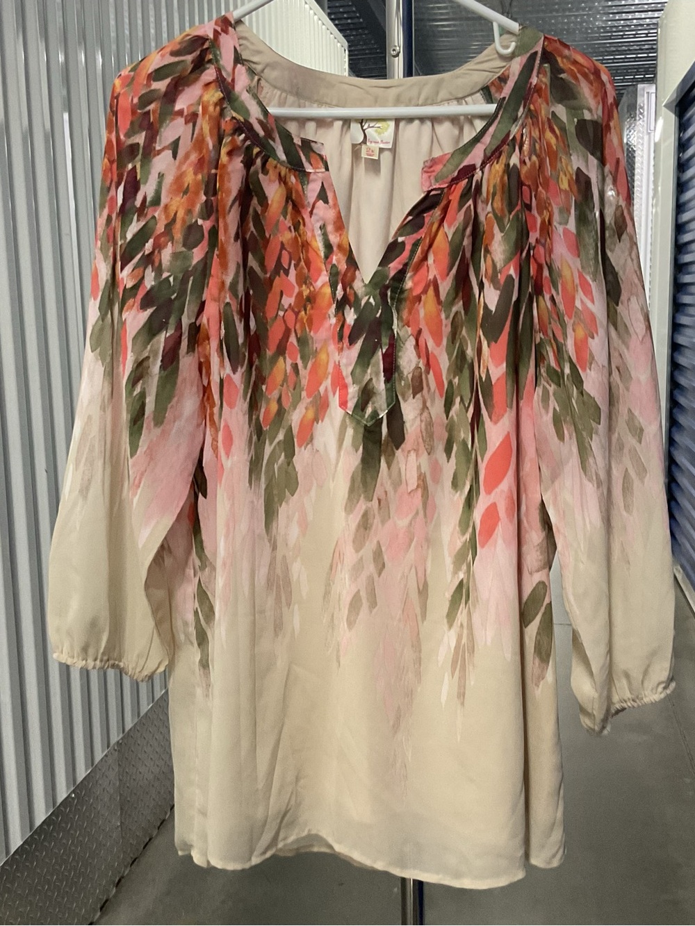 Cream Blouse with Pink, Coral & Olive Watercolor Leaf Print